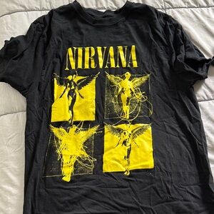 NIRVANA Black Short Sleeve Tee with Yellow Angel Panels
